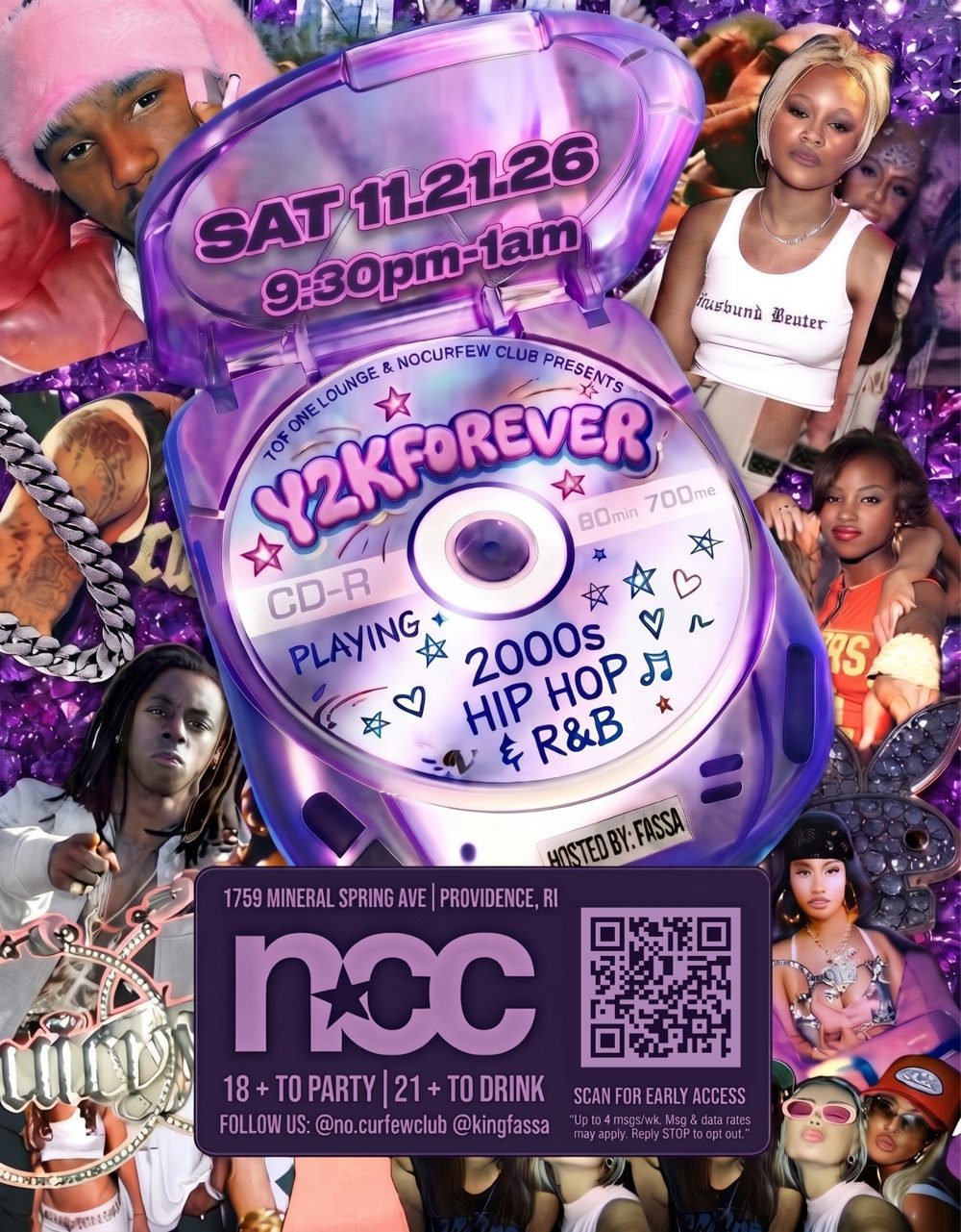 Y2KFOREVER printed event flyer with the text-to-join QR code and disclosure